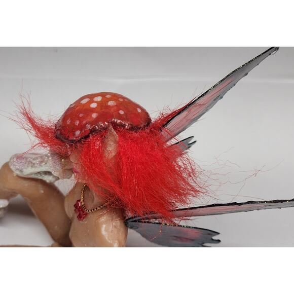 OOAK hand Crafted Sitting Fairy With Red Butterfly Wings And Mushroom Hat - Picture 8 of 12
